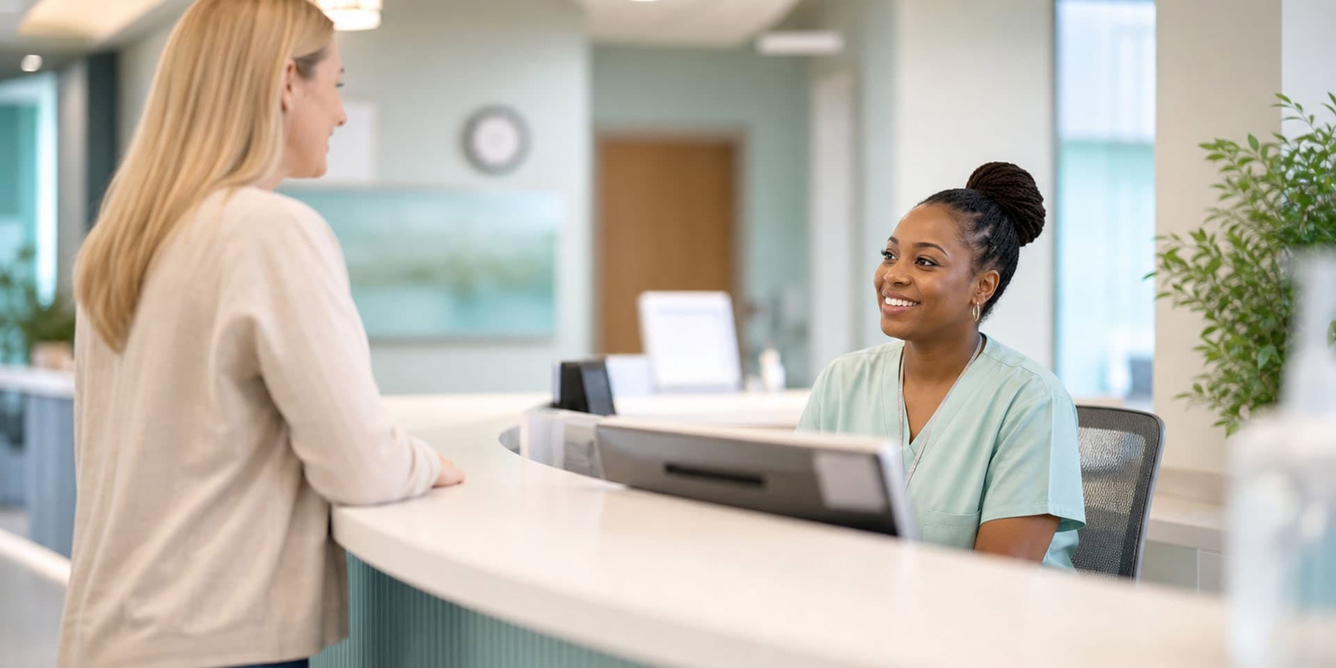 hospital reception support soft seafoam blue customer service support