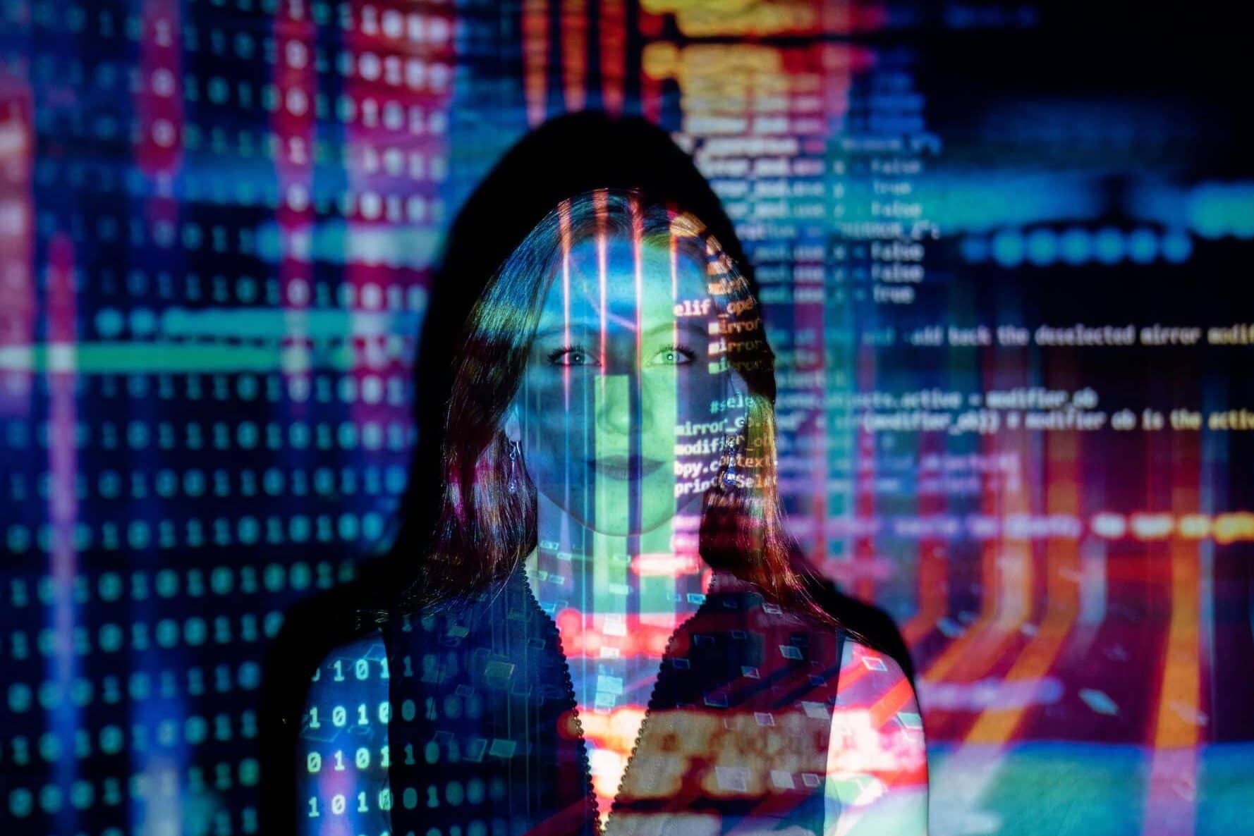 pexels image woman looking at camera highlighted by AI code in varying colors