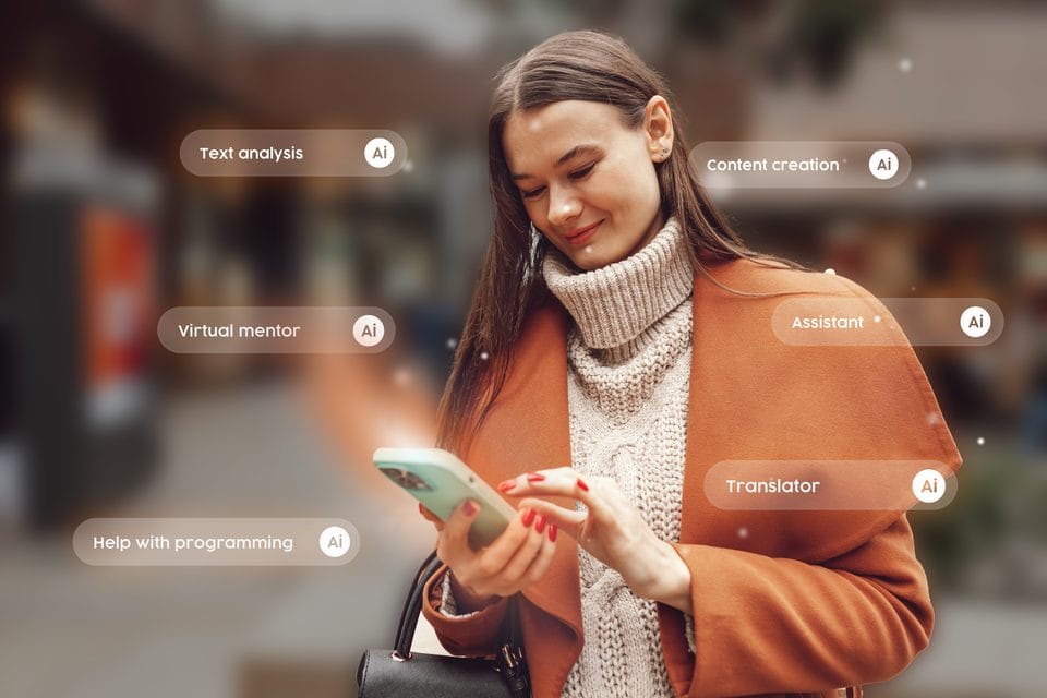 young woman exploring ai applications while using smartphone in urban setting during daytime